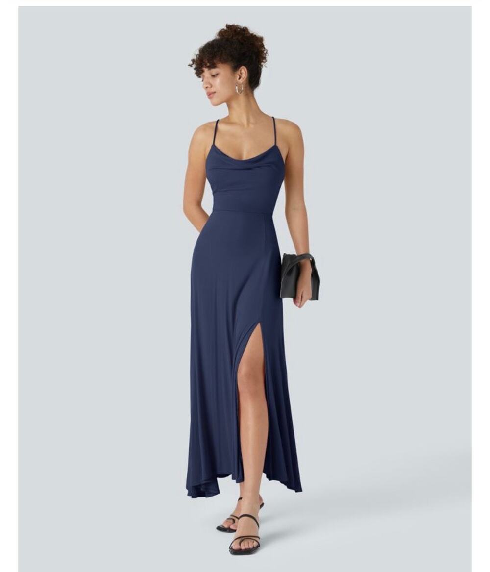 Halara Ribbed Cowl Neck Lace Up Midi Dress ‘Nightfall Blue’ Size M - NWT!